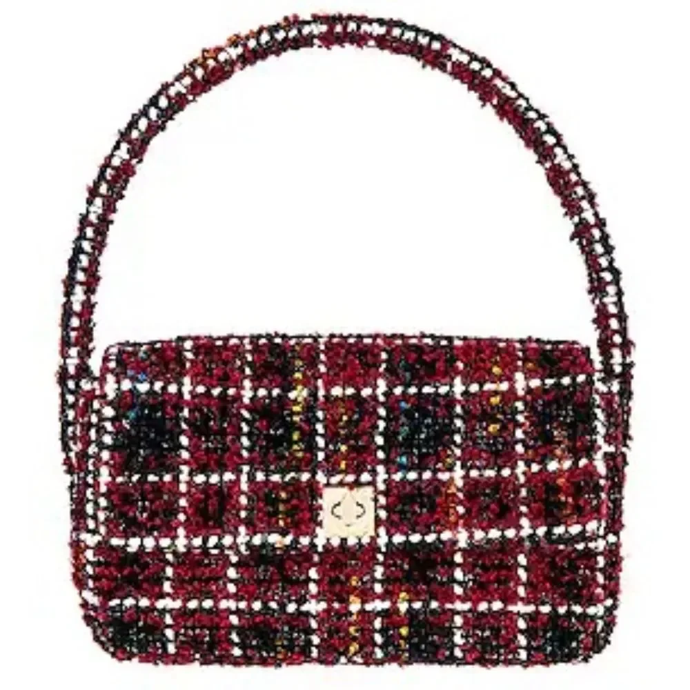 Anine Bing Tweed Top Handle Bag OS Preppy Holiday Y2K Burgundy Cherry Plaid Nico